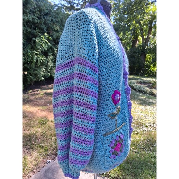 Crochet Flower Beaded Sequin Sweater with matching Scarf L/X:L - Picture 6 of 9